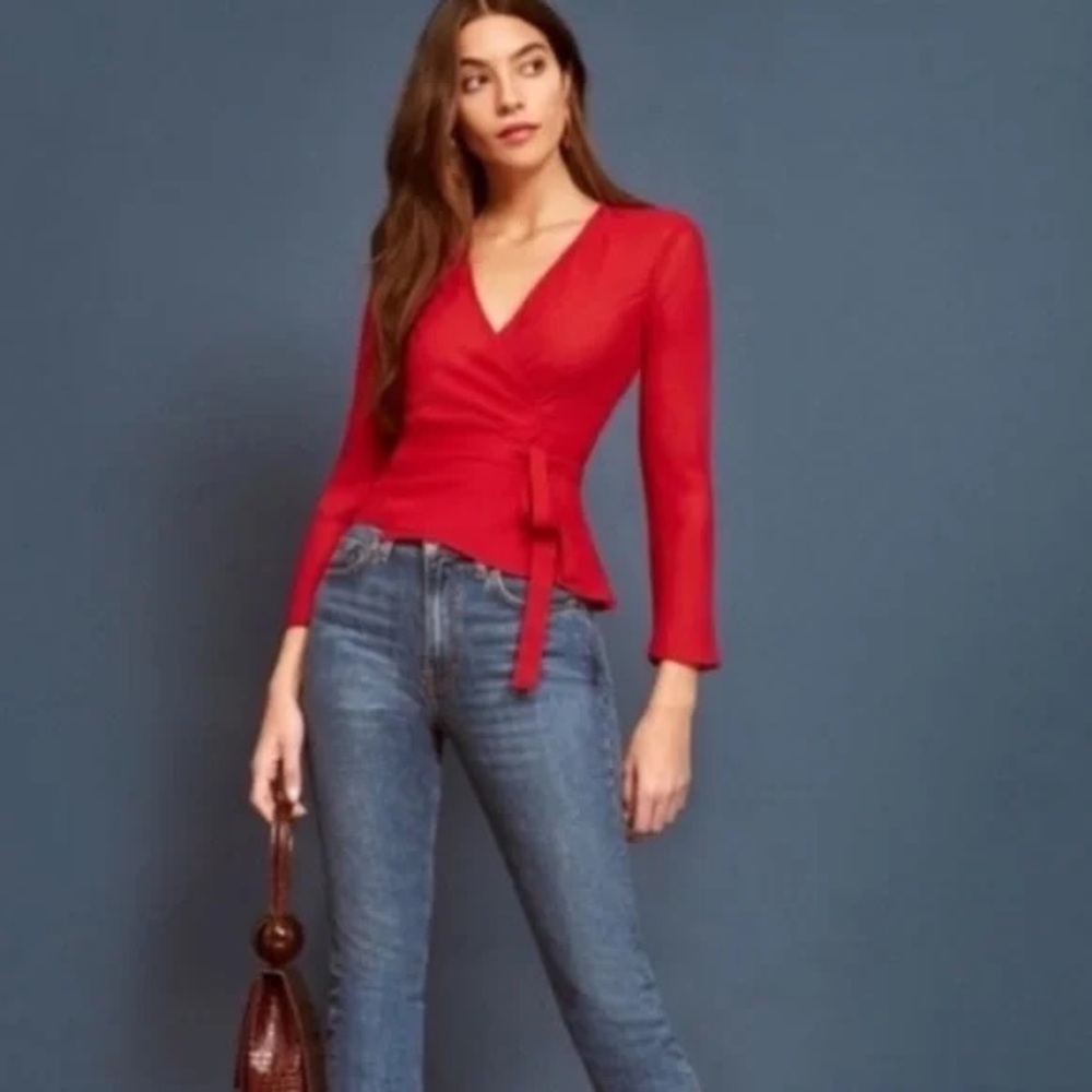 REFORMATION Red Valentine Holiday Date Party Festive “Cherie” Wrap Top - Picture 2 of 10